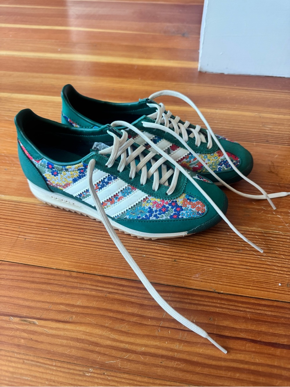 adidas Teal Green Suede Floral Panel Sneakers with White Stripes - Picture 3 of 8